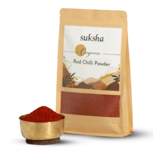 Organic Red Chilli Powder pouch with cup of red chilli