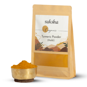Organic Turmeric Powder pouch with cup of turmeric