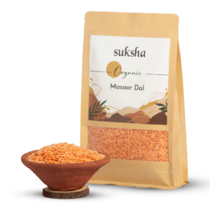 Organic Masoor Dal pouch with bowl of masoor