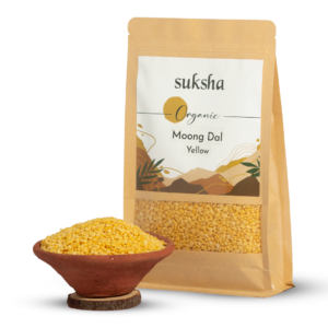 Organic Moong Dal yellow pouch with bowl of moong dal yellow