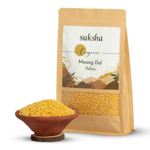 Organic Moong Dal yellow pouch with bowl of moong dal yellow